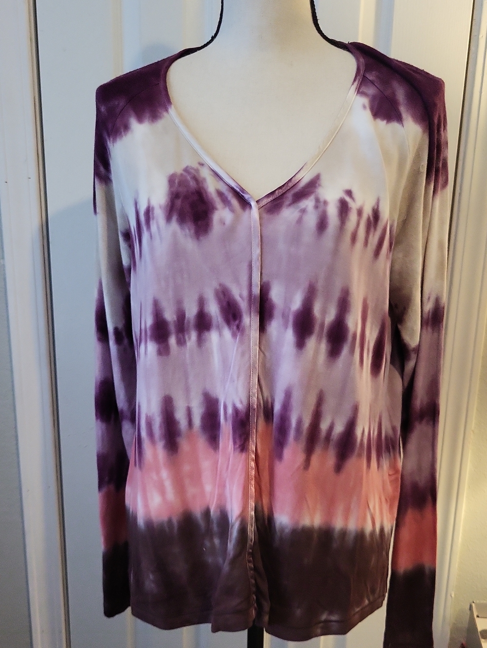 XCVI Purple and Pink Tie-Dye V-Neck Long Sleeve Top